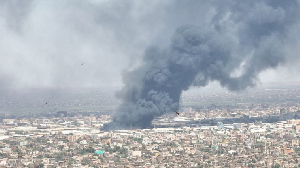 Drone footage shows clouds of black smoke billow over Bahri, also known as Khartoum North, Sudan