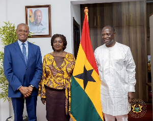 The sector minister, Emmanuel Armah-Kofi Buah (R), briefed the VP (Middle) on the Ministry's plans