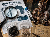 A collage of DNA specimen and an African voodoo doctor