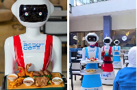 The robot waiters have quickly garnered local curiosity as they go between tables taking orders