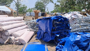 The relief items include weather-resistant tents, water treatment machines, emergency relief items
