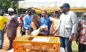 John Dumelo (R) presenting some of the birds to a female farmer