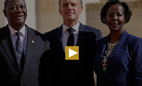From L-R President Alassane Ouattara, Emmanuel Macron, and OIF Sec. Gen. Louise Mushikiwabo, in 2024