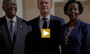 From L-R President Alassane Ouattara, Emmanuel Macron, and OIF Sec. Gen. Louise Mushikiwabo, in 2024