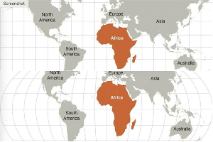 Size of Africa on the old map (top) compared with the size of Africa on the new map