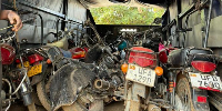 Exhibits at a police station in Kampala on June 16, 2026, including suspected motorcycles