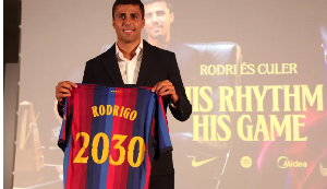 New FC Barcelona player, Rodri poses with a shirt during his presentation to the media New FC Barcelona player, Rodri poses with a shirt during his presentation to the media