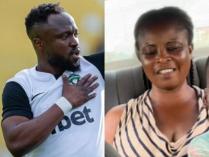Ghanaian striker, Bernard Tekpetey (L) and the visually impaired woman