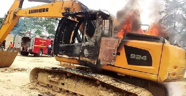 Excavators of illegal miners were burnt.