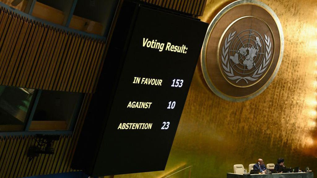 Results of the UN resolution projected in the UNGA Hall