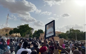 Supporters of Niger's President Mohamed Bazoum gather to show their support for him in Niamey