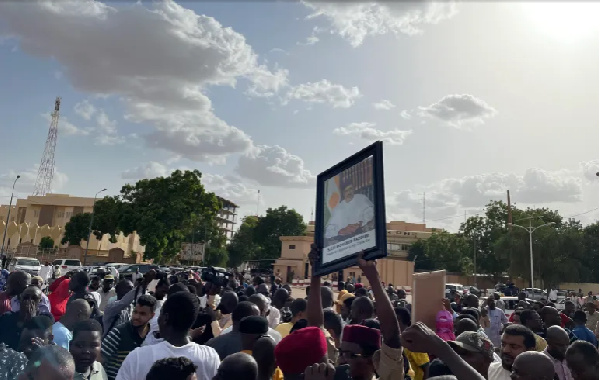 Supporters of Niger's President Mohamed Bazoum gather to show their support for him in Niamey