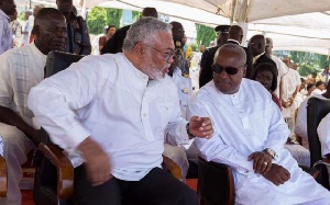 File picture: Rawlings (L) stressing a point to John Mahama