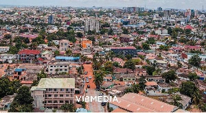 A drone shot of Labone neighborhood in the busy streets of Accra
