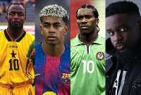 L-R: Abedi Pele, Lamine Yamal and Okocha have been hailed by Sarkodie