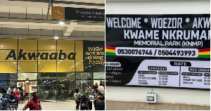 Signage at the KIA (L) and Kwame Nkrumah Mausoleum (R)