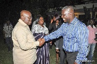 File photo: Adakabri F. Manso in a handshake with Nana Akufo-Addo and looking on is Elizabeth Ohene.