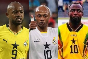 Jordan Ayew (L), Andre Ayew (M) and their dad Abedi Pele (R)