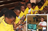 A section of the school children reading that PANTS rules. INSET: Vickenzie Gifty Osei