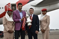 David James second from left and Hendrik Du Preez, country manager, Emirates with the Emirate FA Cup