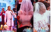Nathaniel Baasey (left) and some participants dressed in wedding gowns (right)