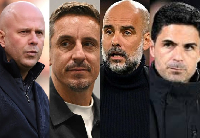 L-R: Arne Slot, Gary Neville, Guardiola and Arteta are Premier League coaches