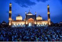 Illuminated Jama Masjid mosque before Eid
