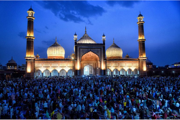 Illuminated Jama Masjid mosque before Eid