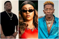 From L to R: Businessman Abu Trica, socialite Hajia4Reall and dancehall musician, Shatta Wale