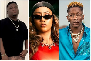 From L to R: Businessman Abu Trica, socialite Hajia4Reall and dancehall musician, Shatta Wale
