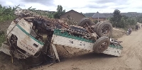 The ill-fated truck which overturned at Lwabaganda Cell, Dyango Town Council, killing 10 occupants