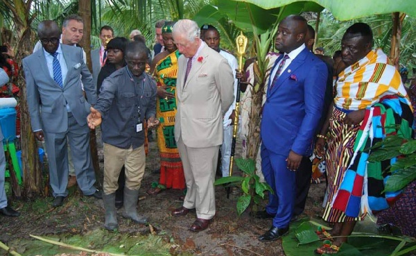 Prince Charles inspecting a cocoa farm at Kona