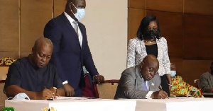 John Mahama (left) signs peace pact with Akufo-Addo ahead of 2020 elections | File photo