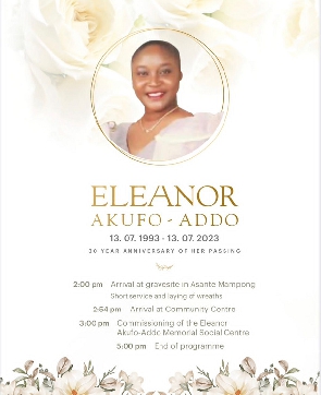 Details for 30th anniversary of late Madam Eleanor Akosua Akufo-Addo