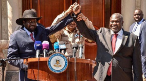South Sudanese President Salva Kiir and Riek Machar after their peace talk at the State House in Jub