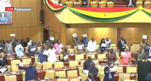 The NPP caucus in Parliament holding placards