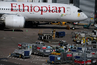 An Ethiopian Airlines plane on the tarmac at Manchester Airport in Manchester
