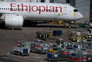 An Ethiopian Airlines plane on the tarmac at Manchester Airport in Manchester