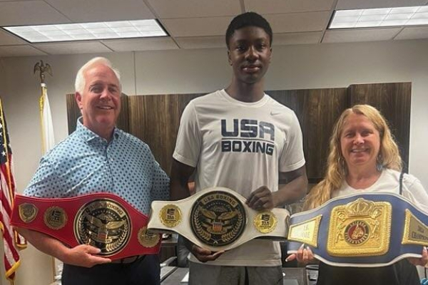 Beth Beatty -City Manager, Terry D'Arcy Mayor Joliet, Joseph Awinongya Jr- Team USA