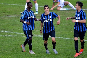 Bright Gyamfi (left) warmed the Inter bench against Juventus