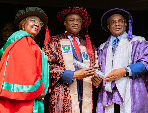 Hope Uzodinma, Oliver Alawuba,  and his wife Nkeiruka Oly-Alawuba during the conferment