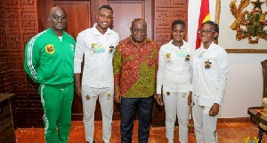 GNPC Speedsters Club members, Desmond Aryee, Gifty Oku Ida Mensah with the President. With them is B