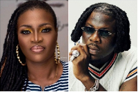 Ghanaian socialite Ayisha Modi (L) and dancehall musician Stonebwoy (R)