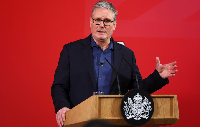 British PM Keir Starmer delivers a speech at Horntye Park Sports Complex in St Leonards,Britain