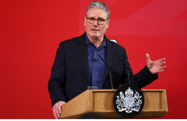 British PM Keir Starmer delivers a speech at Horntye Park Sports Complex in St Leonards,Britain