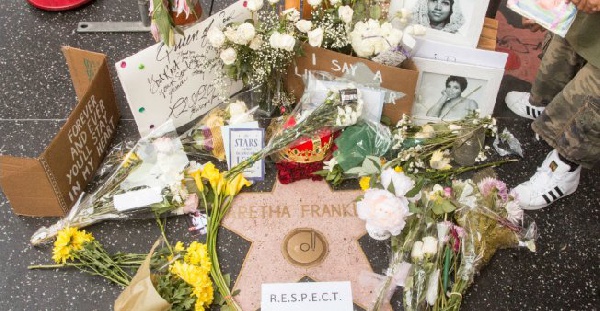 Flowers and mementos memorial at Aretha Franklin's star on the Hollywood Walk of Fame