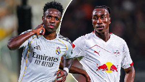 Real Madrid winger Vinicius Jr and RB Leipzig attacker Yan Diomande