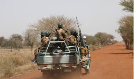 Soldiers from Burkina Faso patrol on the road of Gorgadji in the Sahel area