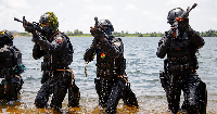 Ghanaian soldiers conduct combat drills during Flintlock 2023 at Sogakope beach resort, Ghana, March