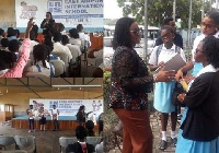 Charlotte Osei, Chairperson of the Electoral Commission of Ghana speaking to some school children